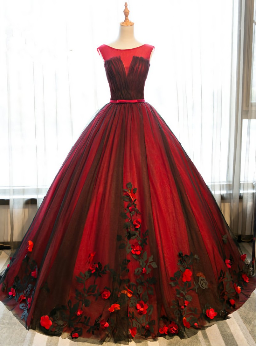 Red And Black Tulle Appliques Backless Princess Quinceanera Dresses