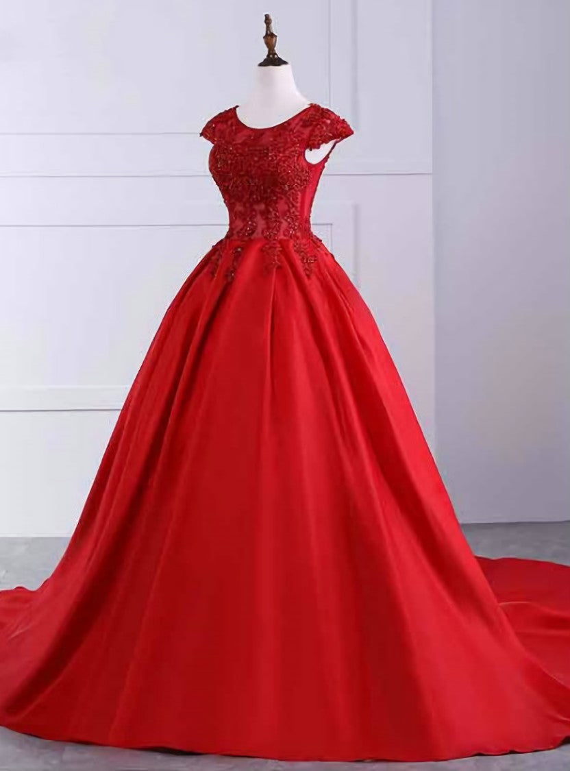 Red Ball Gown Satin Bright Red Scoop Cap Sleeve Prom Dresses