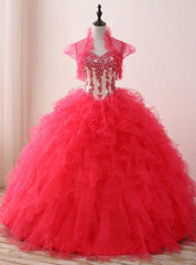 Red Ball Gown Sweetheart Neck Appliques Organza 16 Birthday Dress