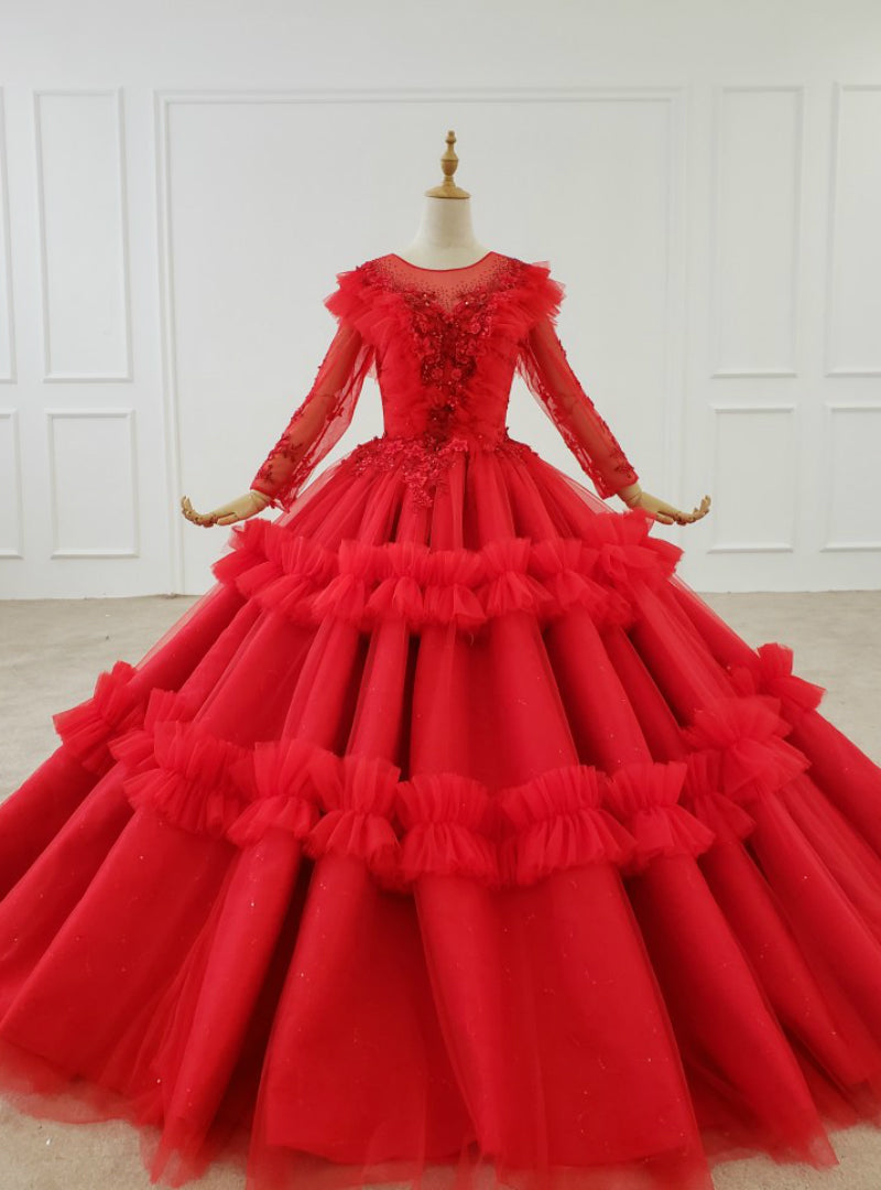 Red Ball Gown Tulle Long Sleeve Appliques Beading Floor Length Wedding Dress