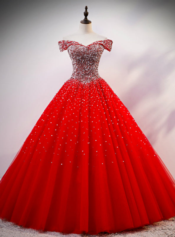 Red Ball Gown Tulle off the Shoulder Beading Sequins Quinceanera Dress