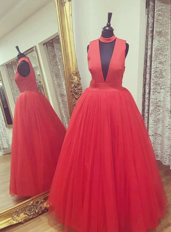 Red Halter Deep V-neck Tulle Floor Length Prom Dress