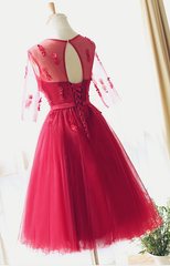 Red Lace Bridesmaid Dress Half Sleeves Lace Prom Dress Party Dress Tea length