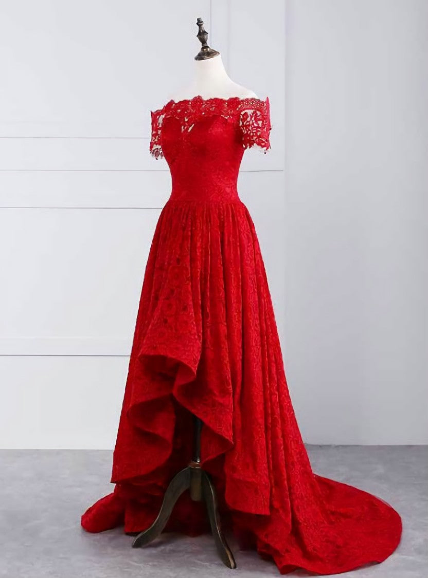 Red Lace  Off The Shoulder Short Sleeve Prom Dress