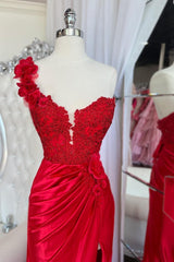 Red One-Shoulder 3D Floral Lace Pleated Long Gown with Slit