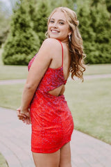 Red Open Back Sequins Tight Homecoming Dress