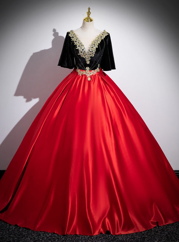 Red Satin Black Velvet Appliques Quinceanera Dress