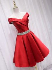 Red Satin Off the Shoulder Beading Homecoming Dress