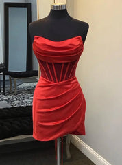 Red Satin Strapless Pleats Short Homecoming Dress