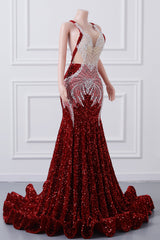 Red Sequin Mermaid Prom Dresses Luxury Silver Crystal Beaded Sheer Neck Long Formal Party Evening Gowns for Black Girls