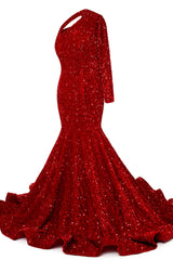 Red Sequins Mermaid Prom Dresses One Shoulder Evening Dresses Floor Length Wedding Party Gowns