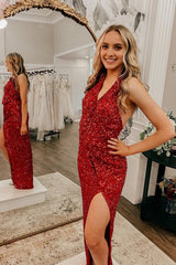 Red Sequins V-Neck Backless Prom Dress with Slit