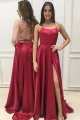 Red Spaghetti Straps Long Prom Dress with Slit