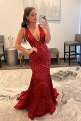 Red Sparkly Deep V Neck Sequin Mermaid Prom Dress