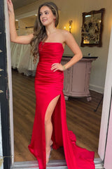 Red Strapless Lace-Up Ruched Mermaid Long Formal Dress with Slit