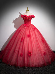 Red Tulle Off the Shoulder Beading Flower Quinceanera Dress