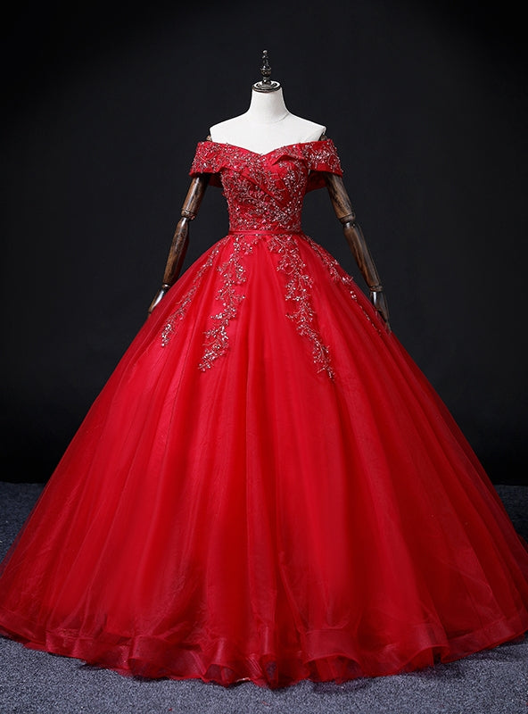 Red Tulle Off the Shoulder Beading Quinceanera Dress