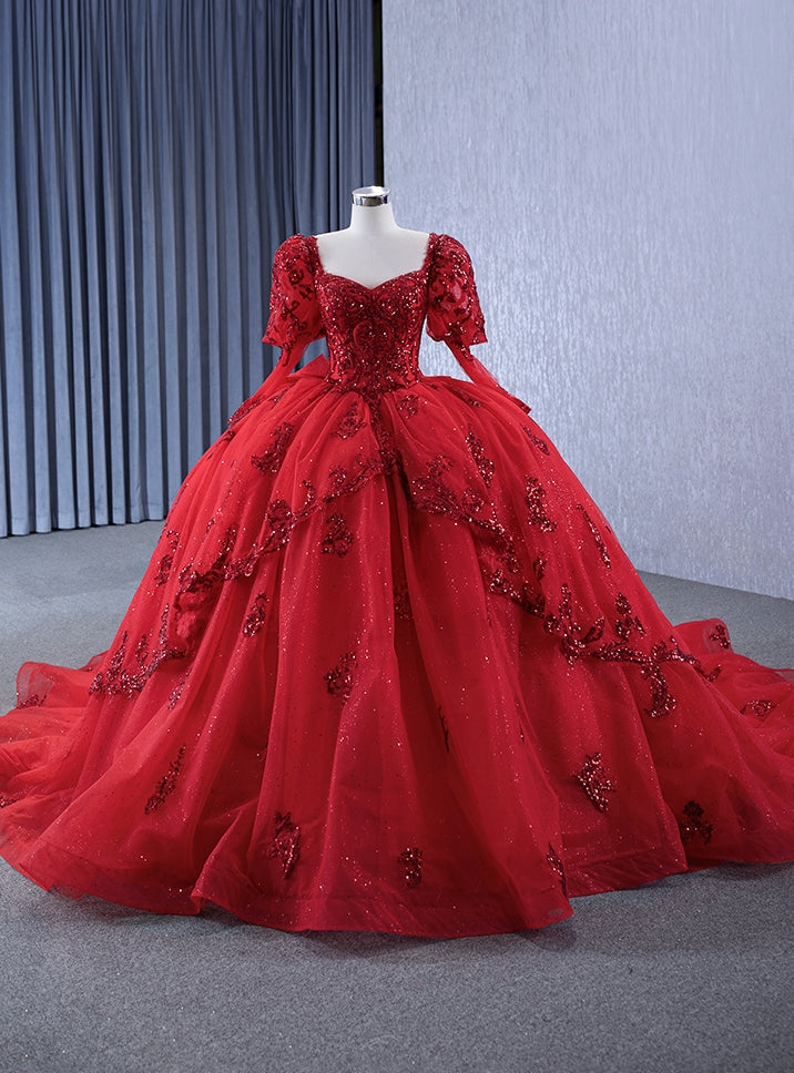 Red Tulle Sequins Appliques Long Sleeve Prom Dress