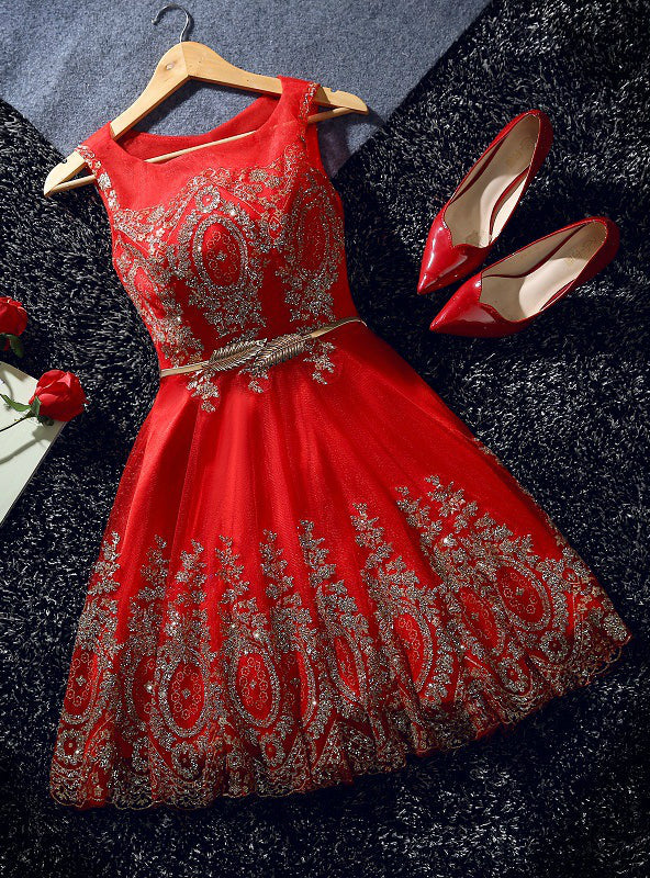 Red Tulle Sequins Bow Homecoming Dress