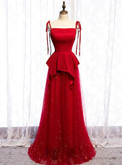 Red Tulle Spagehtti Straps Sequins Long Prom Dress