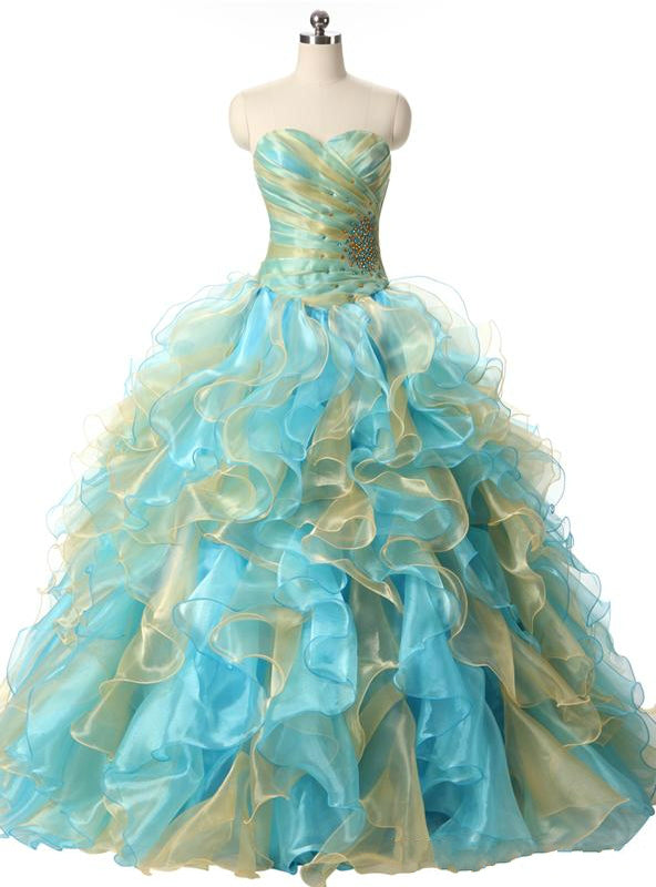 Rhinestones Ball Gown Sweetheart Organza Ruffles Quinceanera Dresses