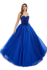 Roayl Blue Tulle Sequins Sweetheart Prom Dresses Spaghetti Straps Evening Quinceanera Dresses