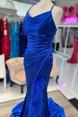 Royal Blue Cowl Neck Rhinestones Long Prom Dress with Feather-Trimmed Slit