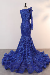 Royal Blue Mermaid One Sleeve Prom Dresses Sequined Lace Jewel Ruffles Evening Party Dress with Appliques