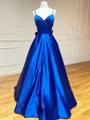 Royal Blue Satin A Line V Neck Long Prom Dress With Bow Tie