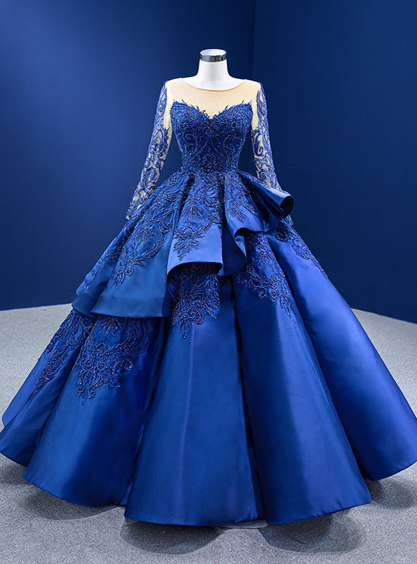 Royal Blue Satin Long Sleeve Appliques Beading Prom Dress