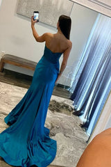 Royal Blue Strapless Lace Mermaid Long Prom Dresses With Slit