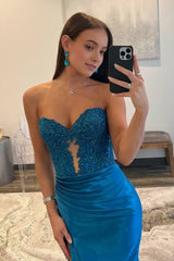 Royal Blue Strapless Lace Mermaid Long Prom Dresses With Slit