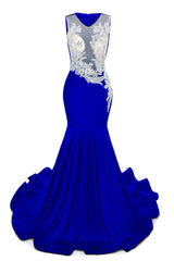 Royal Blue V-Neck Sheer Corset Prom Dresses Beaded Mermaid Long Train Evening Gowns