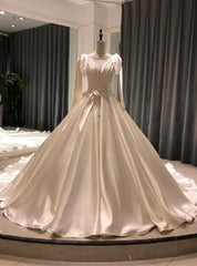 Satin Long Sleeve Pleats Pearls Wedding Dress