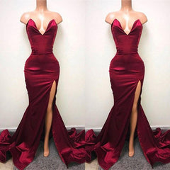 Sexy V-neck Chiffon Mermaid Prom Dress Long With Split Burgundy