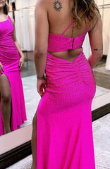 sheath one shoulder fuchsia long prom dress with beading