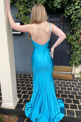 Sheath One Shoulder Sky Blue Long Prom Dress with Split Front