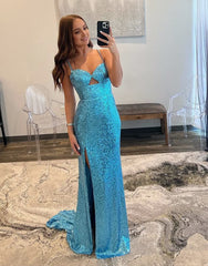 Sheath Spaghetti Strap Sequin Prom Dress with Slit