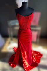 Sheath Strapless Corset Satin Prom Dress with Slit