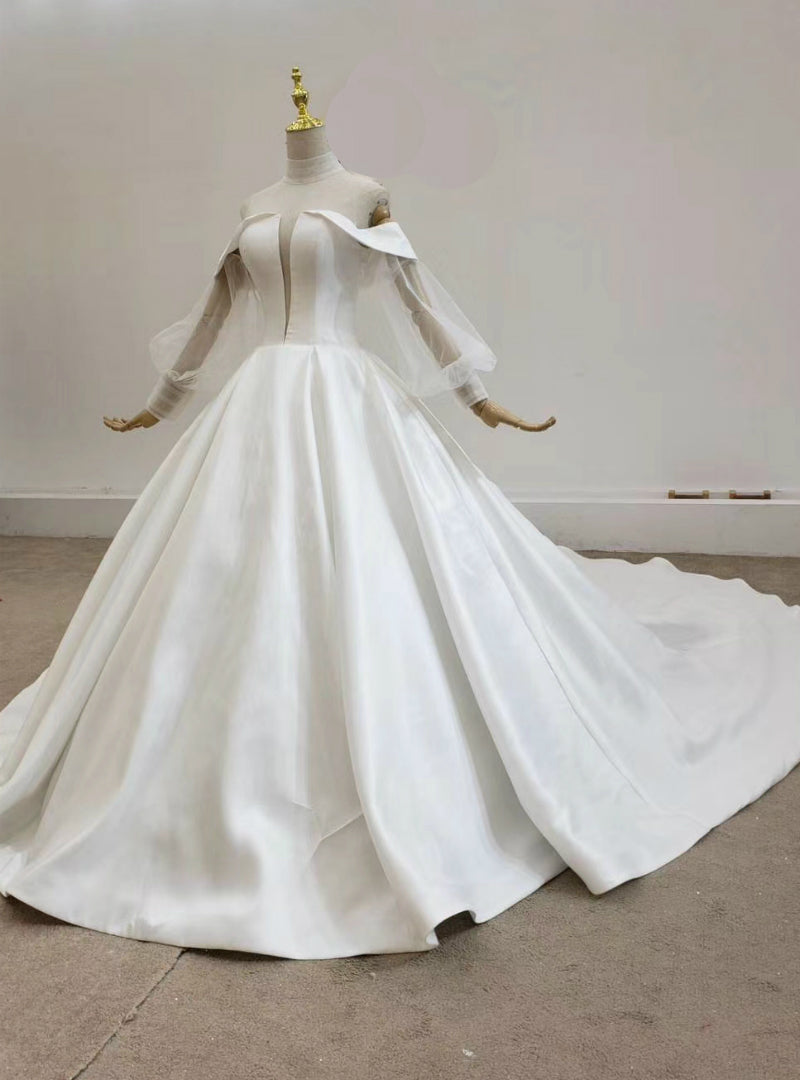 Shop An Amazing Selection Of White Ball Gown Satin High Neck See Through V-neck Wedding Dress