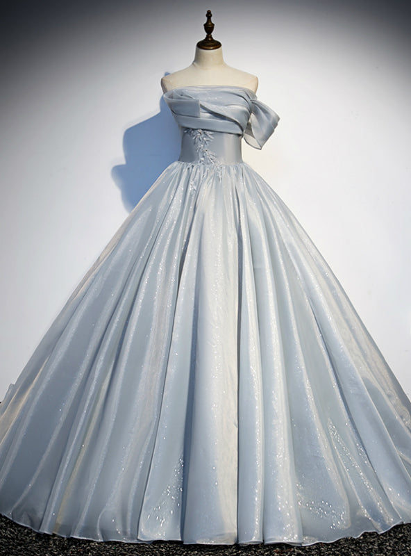 Silver Gray Ball Gown Strapless Pleats Prom Dress