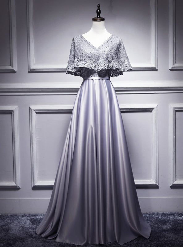 Silver Gray Satin Lace V-neck Bat Pearls Prom Dress