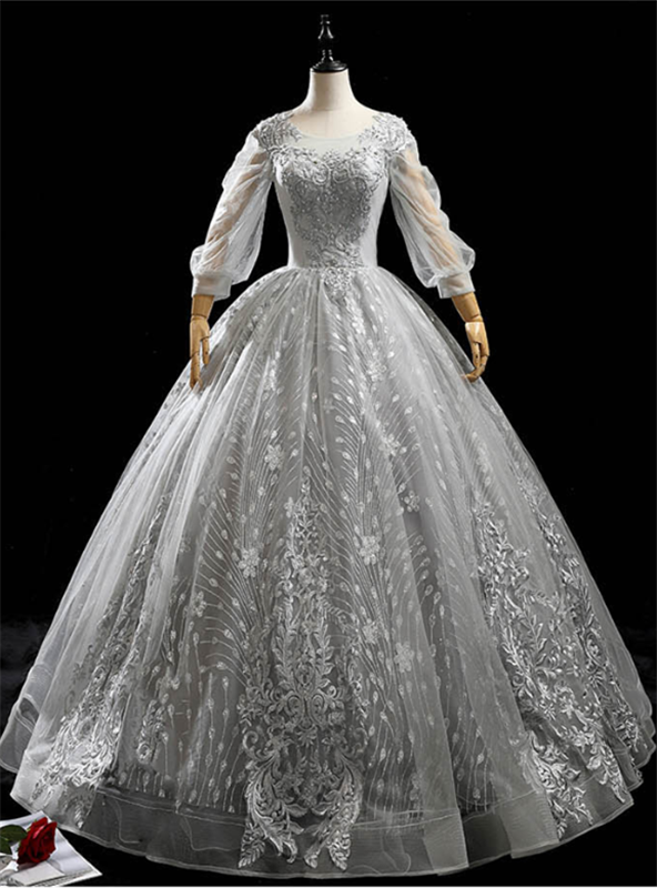 Silver Gray Tulle Appliques Long Sleeve Beading Quinceanera Dress