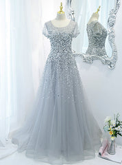 Silver Gray Tulle Beading Sequins Prom Dress