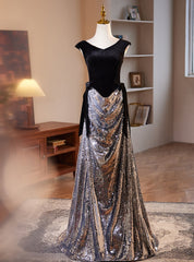 Silver Sequins Black Velvet Prom Dress