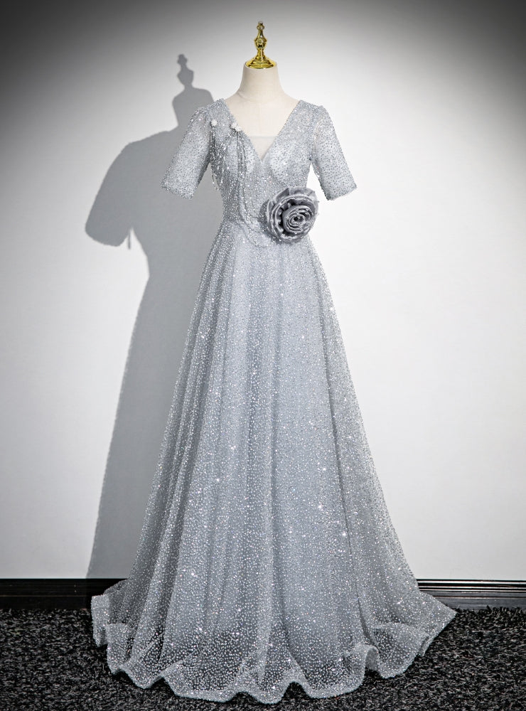 Silver Sequins Shhort Sleeve V-neck Prom Dress