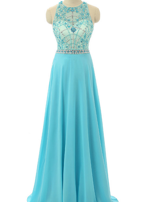 Sky Blue Beaded Prom Dresses Beading Formal Dresses Sheer Evening Gowns