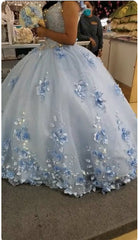 Sky Blue Long Dress 3D Applique Off Shoulder Ball Gown Quinceanera Dresses