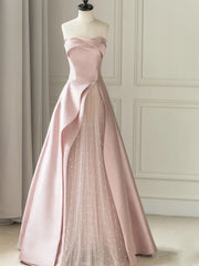 Sleeveless Satin A-Line Floor-Length Evening Gown Slit with Tulle Strapless Prom Dress