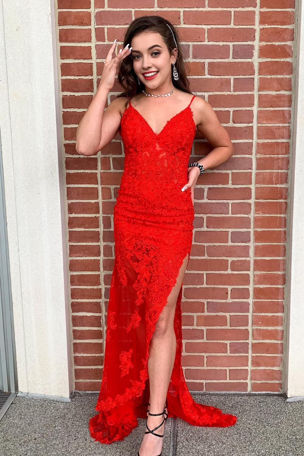 Spaghetti Straps Red Long Prom Dress with Appliques